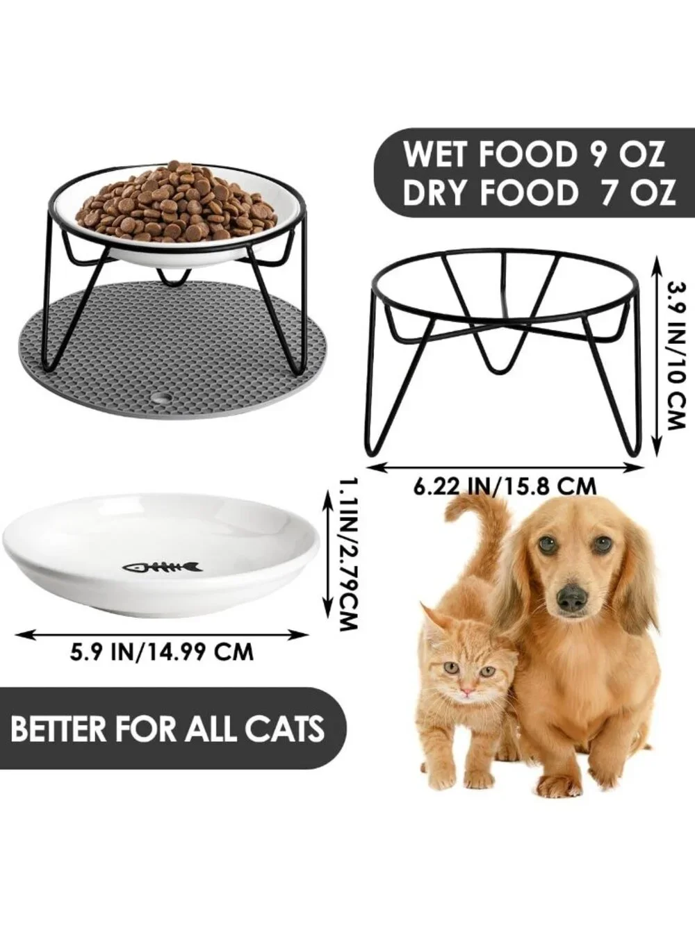Elevated Cat Bowls Set - Ceramic Dishes with Metal Stand, Whisker Friendly